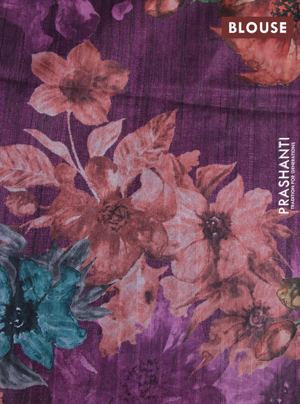 Semi tussar saree cream and deep purple with plain body and floral digital printed border