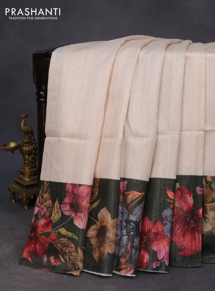 Semi tussar saree cream and sap green with plain body and floral digital printed border