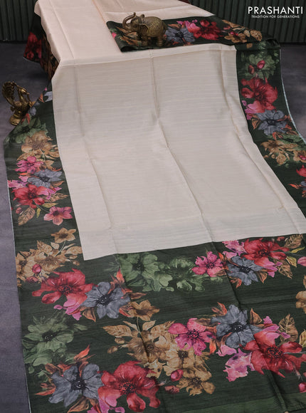 Semi tussar saree cream and sap green with plain body and floral digital printed border