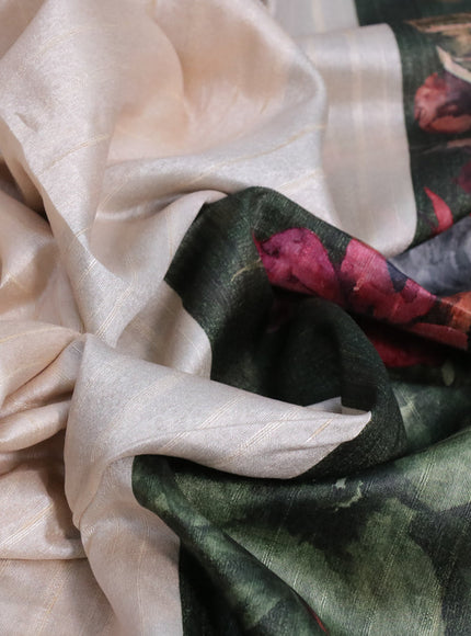 Semi tussar saree cream and sap green with plain body and floral digital printed border