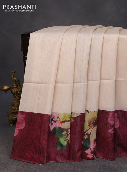 Semi tussar saree cream and deep maroon with plain body and floral digital printed border