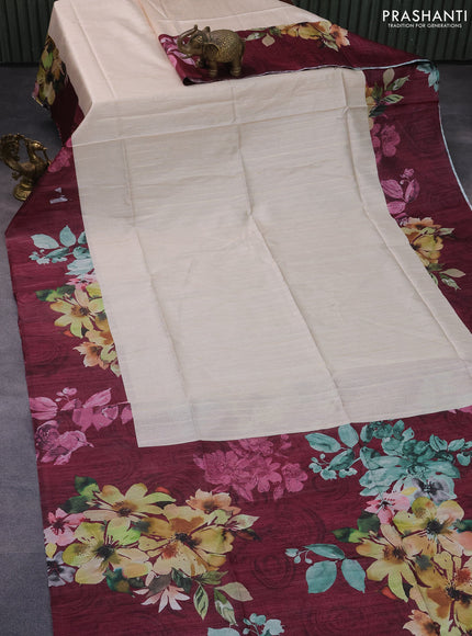 Semi tussar saree cream and deep maroon with plain body and floral digital printed border