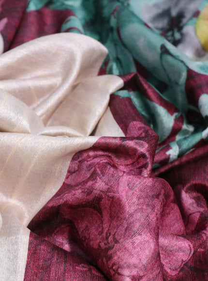 Semi tussar saree cream and deep maroon with plain body and floral digital printed border