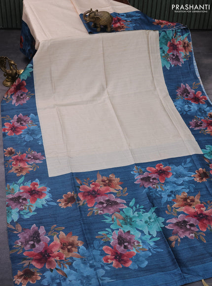 Semi tussar saree cream and peacock blue with plain body and floral digital printed border