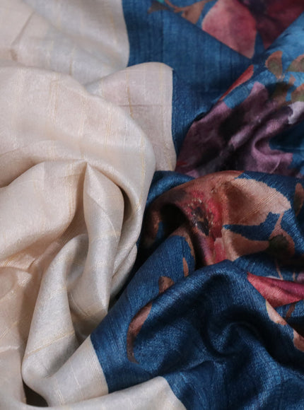 Semi tussar saree cream and peacock blue with plain body and floral digital printed border