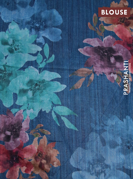 Semi tussar saree cream and peacock blue with plain body and floral digital printed border