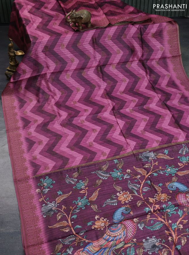 Semi banarasi tussar saree dark magenta pink with allover zig zag prints & woven buttas and woven border