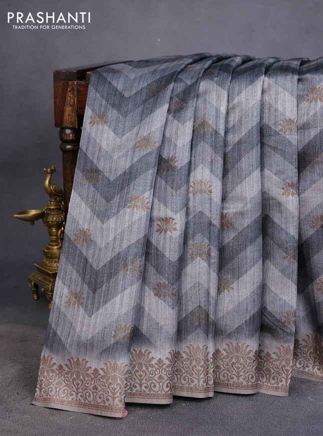 Semi banarasi tussar saree grey with allover zig zag prints & woven buttas and woven border