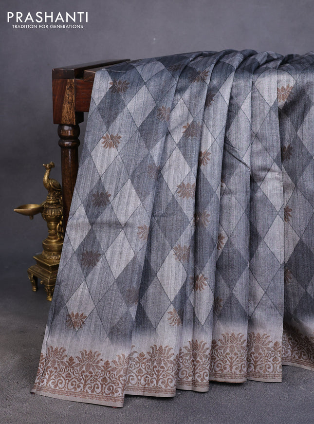 Semi banarasi tussar saree grey with geometric prints & woven buttas and woven border