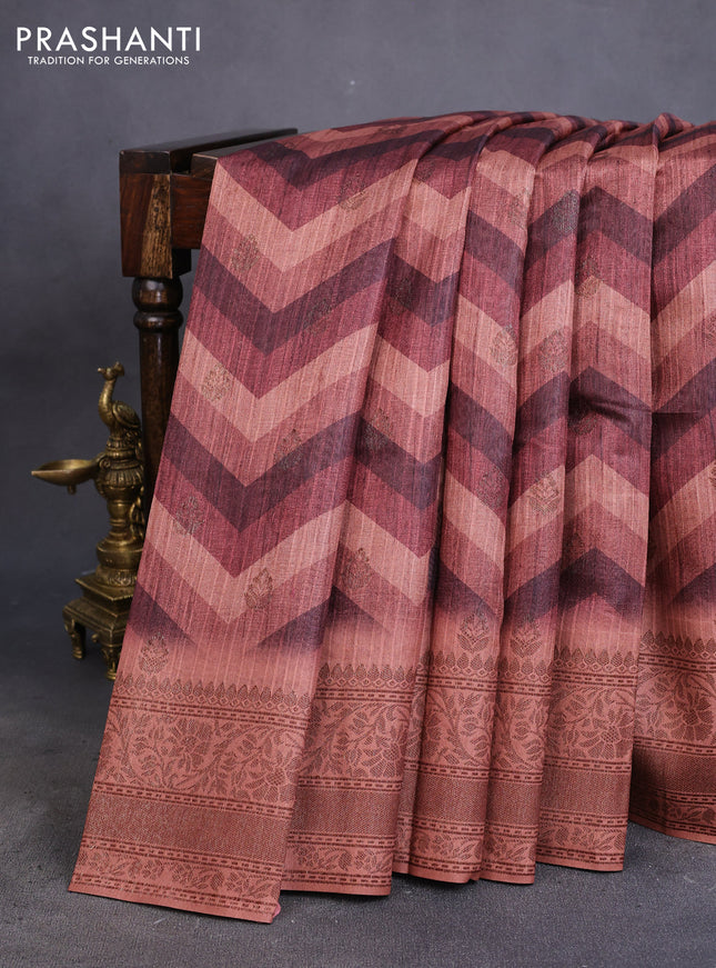 Semi banarasi tussar saree brown shade and rust shade with allover zig zag prints & woven buttas and woven border