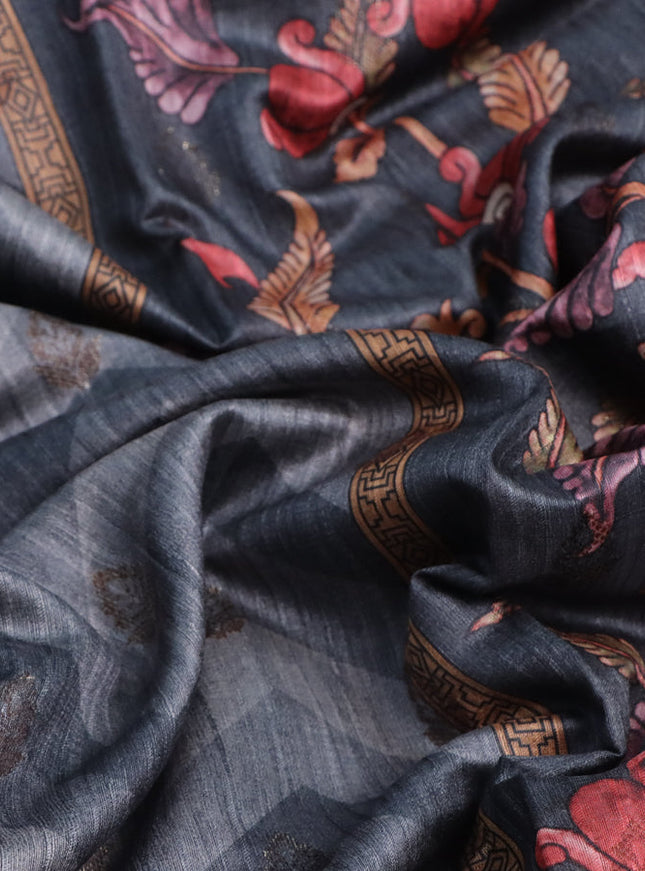 Semi banarasi tussar saree grey with allover zig zag prints & woven buttas and woven border