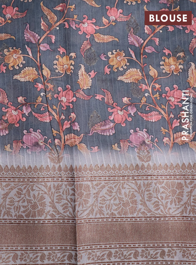 Semi banarasi tussar saree grey with allover zig zag prints & woven buttas and woven border