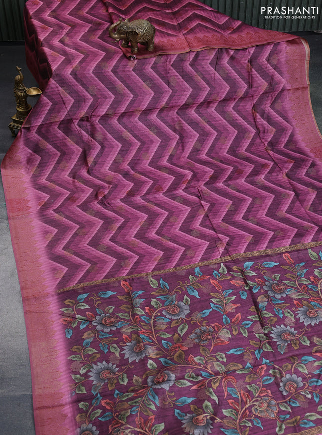 Semi banarasi tussar saree wine shade and mauve pink with allover zig zag prints & woven buttas and woven border