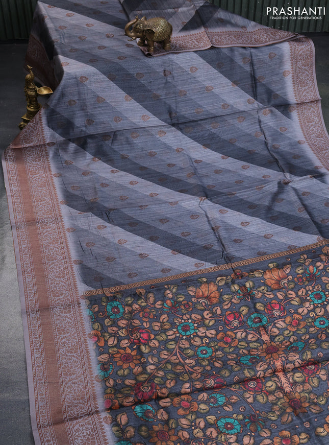 Semi banarasi tussar saree elephant grey and grey with allover strips prints & woven buttas and woven border