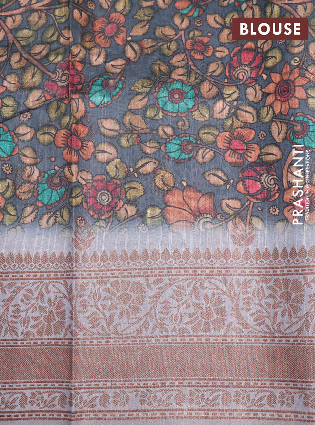 Semi banarasi tussar saree elephant grey and grey with allover strips prints & woven buttas and woven border