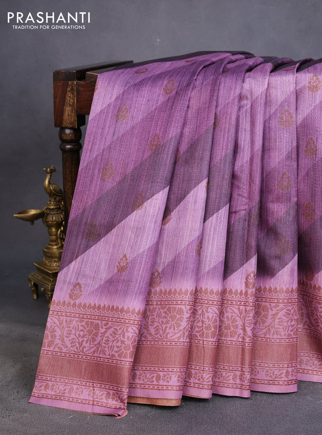 Semi banarasi tussar saree mild purple and mauve pink with allover strips prints & woven buttas and woven border