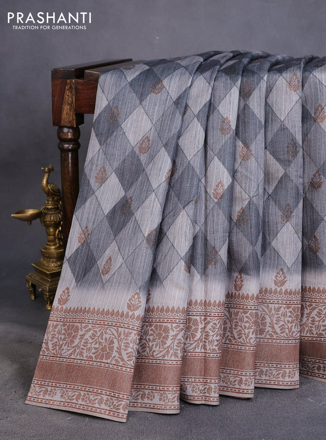 Semi banarasi tussar saree elephant grey and grey with geometric prints & woven buttas and woven border