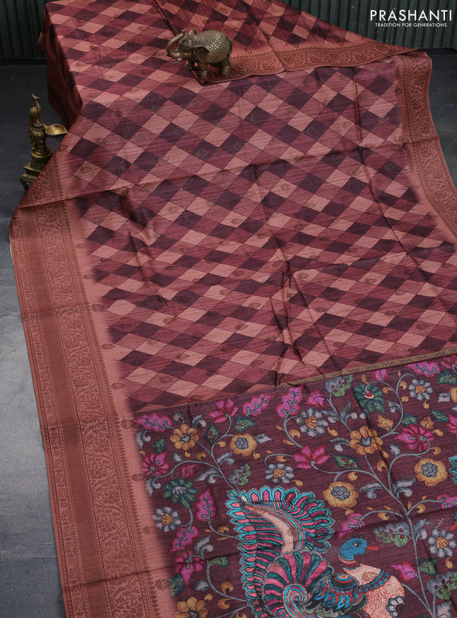 Semi banarasi tussar saree brown and pastel brown with geometric prints & woven buttas and woven border