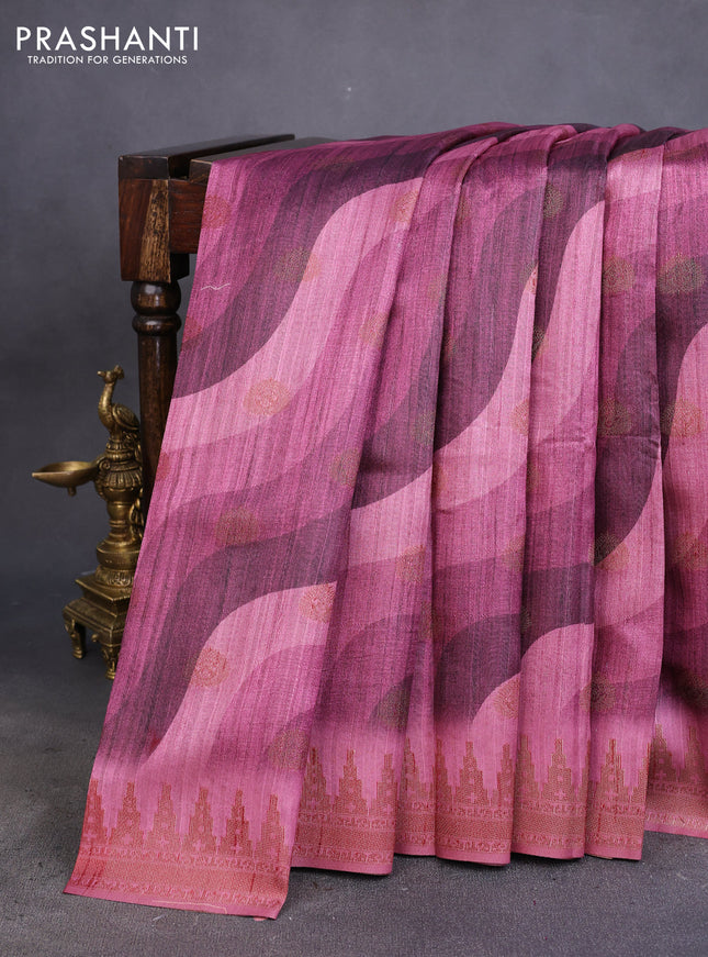 Semi banarasi tussar saree wine shade and mauve pink with allover wavy prints & woven buttas and woven border