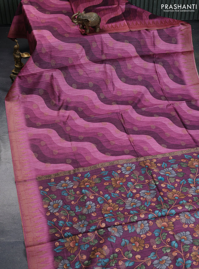 Semi banarasi tussar saree wine shade and mauve pink with allover wavy prints & woven buttas and woven border