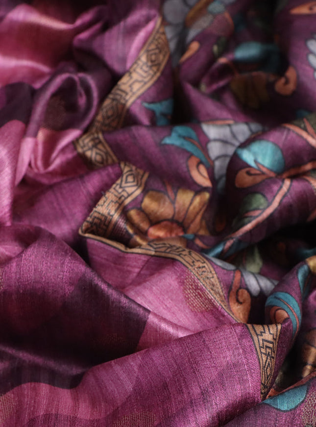 Semi banarasi tussar saree wine shade and mauve pink with allover wavy prints & woven buttas and woven border