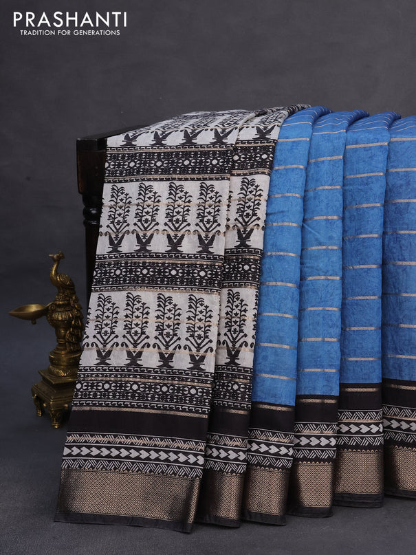 Assam partly silk saree blue and black with digital prints & zari weaves and zari woven border