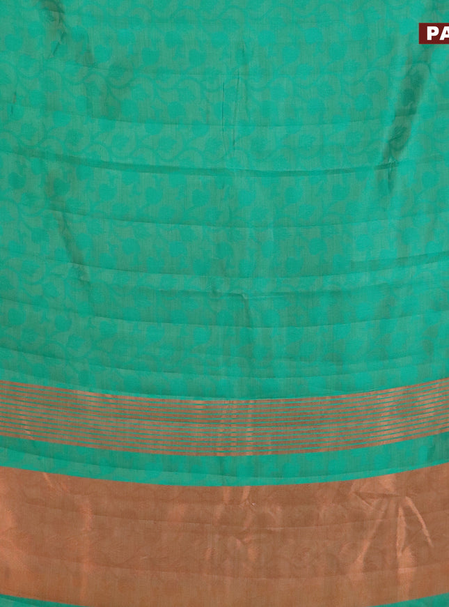 Semi raw silk saree teal green with allover self emboss and zari woven border