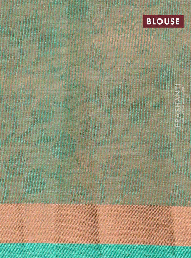 Semi raw silk saree teal green with allover self emboss and zari woven border