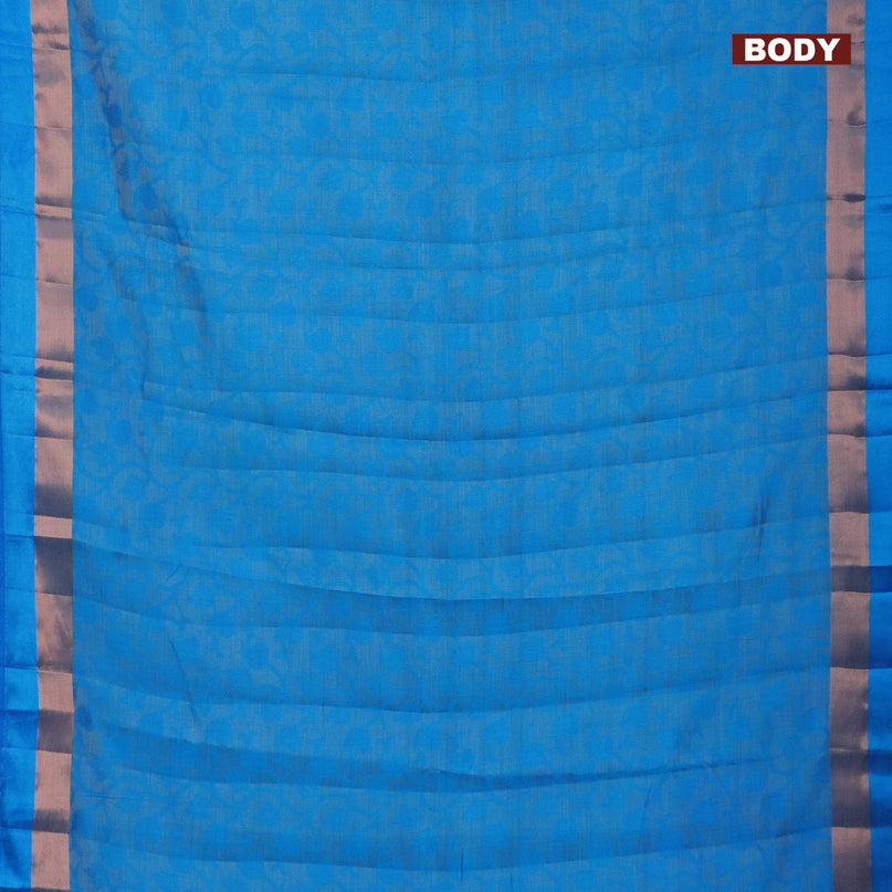 Semi raw silk saree blue with allover self emboss and zari woven border