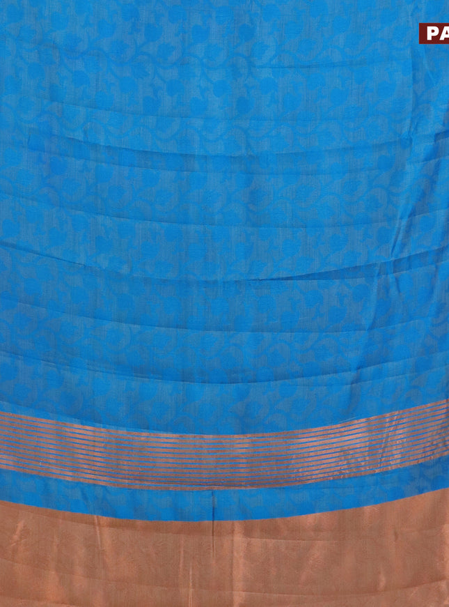 Semi raw silk saree blue with allover self emboss and zari woven border