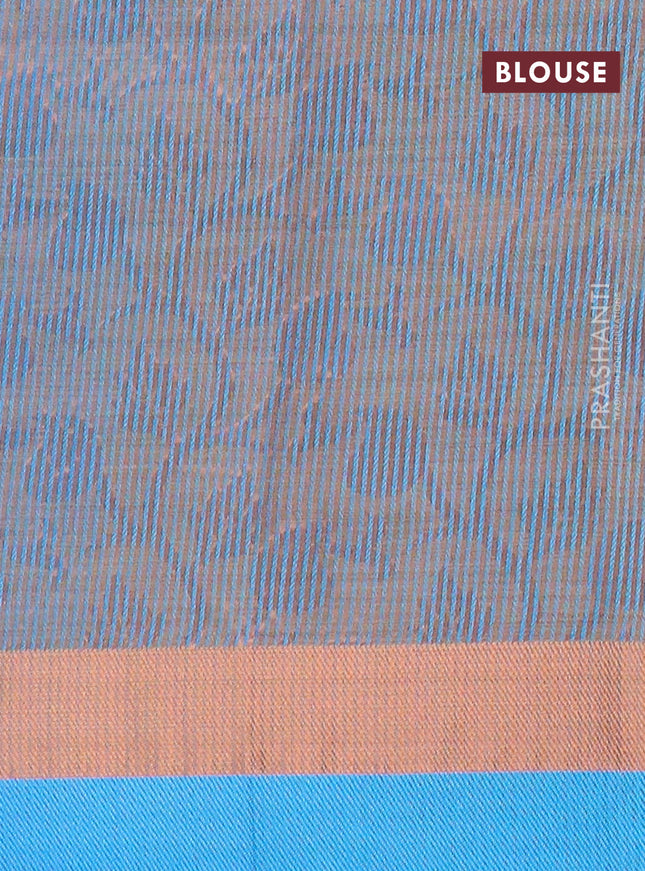 Semi raw silk saree blue with allover self emboss and zari woven border