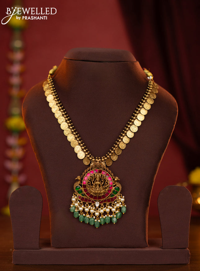 Jadau kaasu necklace lakshmi pendant with jadau stones and green beads hanging