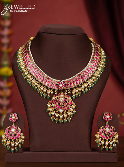 Jadau necklace floral removable pendant with jadau stones and green beads & pearl hanging