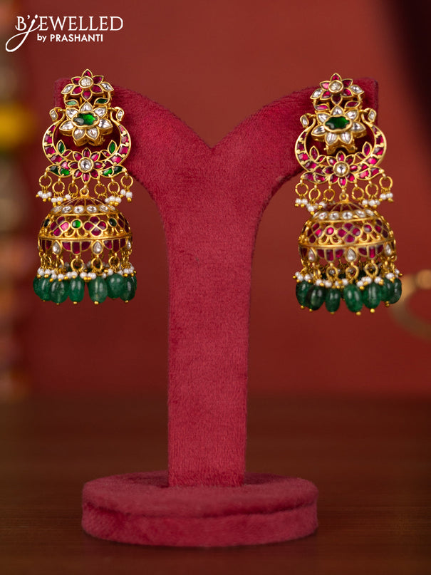 Jadau jhumka floral design with jadau stones and green beads hanging
