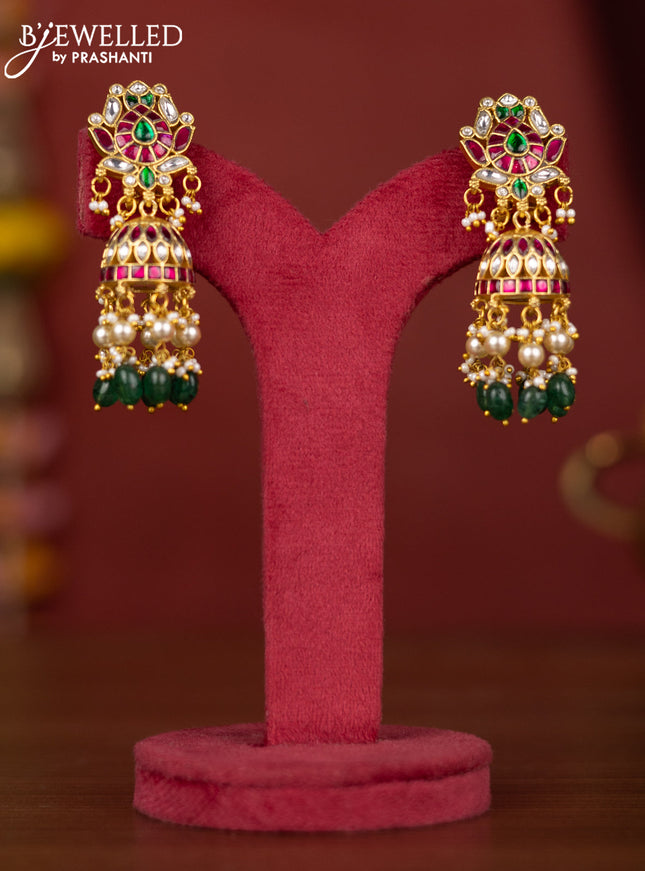Jadau jhumka lotus design with jadau stones and green beads hanging