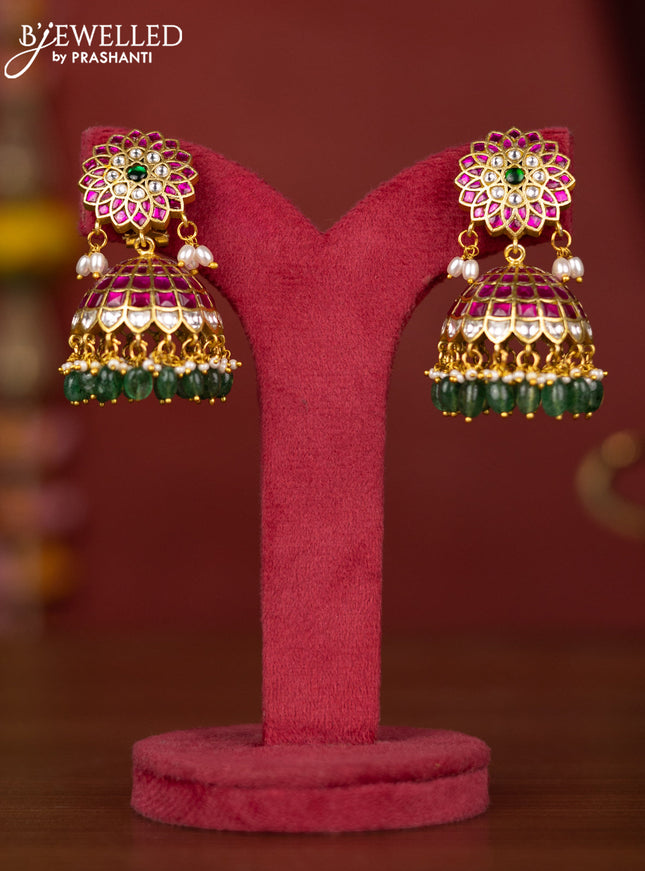 Jadau jhumka floral design with jadau stones and green beads hanging