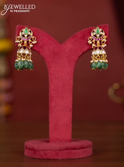 Jadau jhumka floral design with jadau stones and green beads hanging
