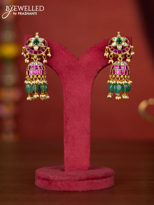 Jadau jhumka chandbali design with jadau stones and green beads hanging