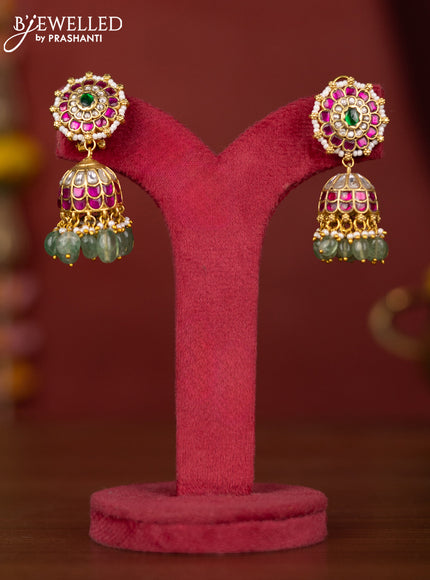 Jadau jhumka floral design with jadau stones and green beads hanging