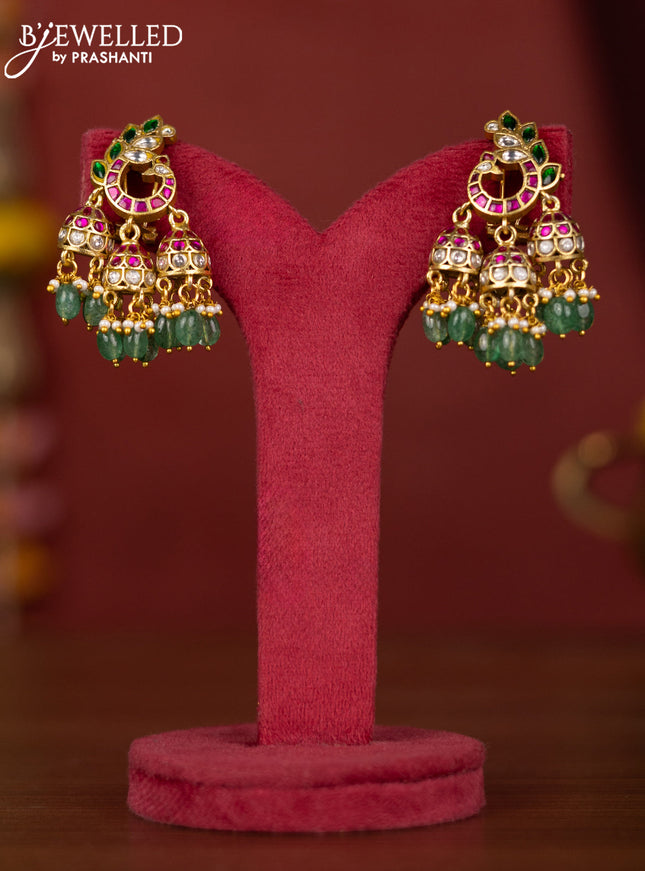 Jadau jhumka leaf design with jadau stones and rice pearl hanging