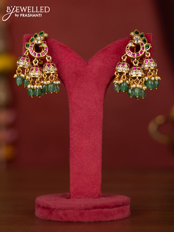 Jadau jhumka leaf design with jadau stones and rice pearl hanging