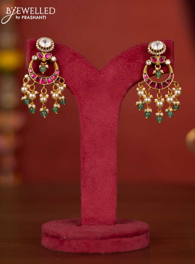 Jadau earring with jadau & mozanite stones and pearl beads hanging