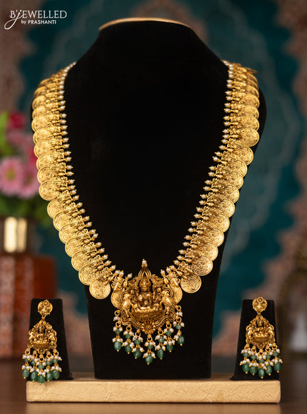 Antique haram lakshmi kasu design with lakshmi pendant and pearl & mint green beads hangings