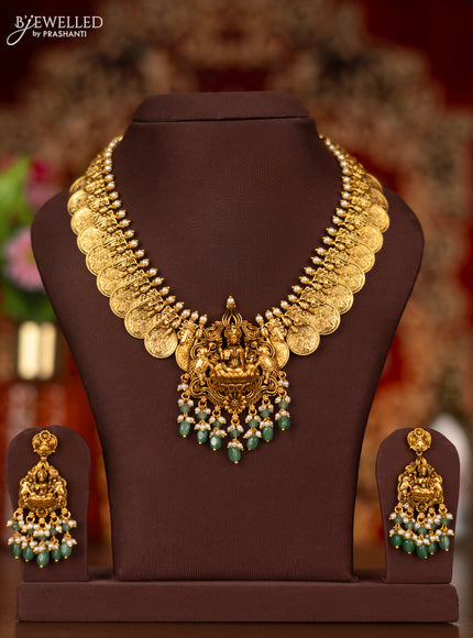 Antique necklace lakshmi kasu design with lakshmi pendant and pearl & mint green beads hangings