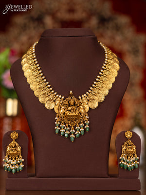 Antique necklace lakshmi kasu design with lakshmi pendant and pearl & mint green beads hangings