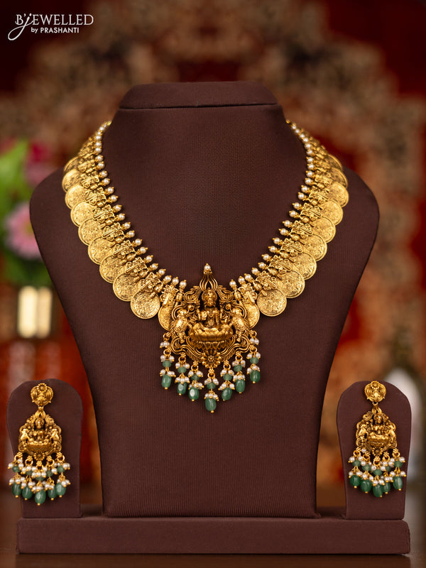 Antique necklace lakshmi kasu design with lakshmi pendant and pearl & mint green beads hangings