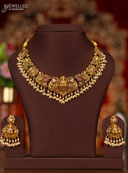 Antique necklace lakshmi design with pink kemp & cz stones and pearl hangings