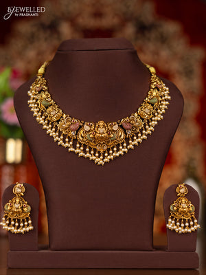 Antique necklace lakshmi design with pink kemp & cz stones and pearl hangings