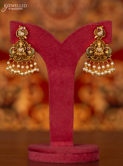 Antique necklace lakshmi design with pink kemp & cz stones and pearl hangings