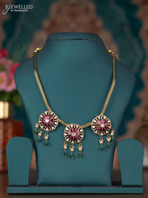 Attigai necklace with ruby & kundan cz stones and pearl & green beads hangings